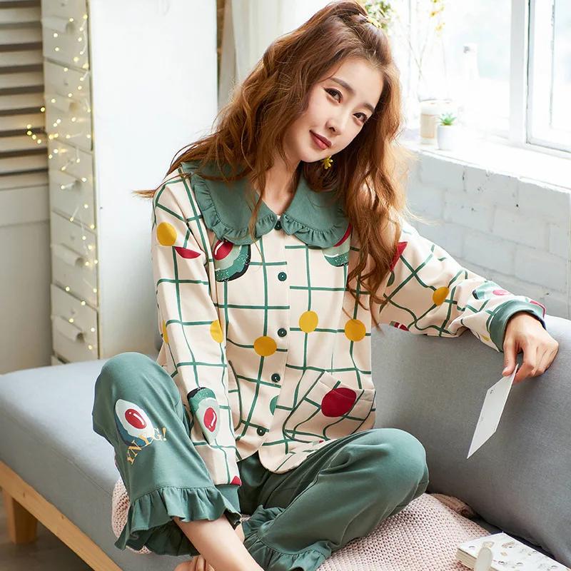

XIFER Pajamas Women Autumn Winter 2020 New Japanese and Korean Knitted Cotton Avocado Doll Collar Cute Girl Trend Homewear XXXL
