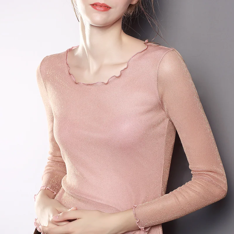 

Ruffles Mesh Women T-shirts Solid See-through Slim Sexy Lady O-neck Lady Elegant Top Tees Outwear Tops