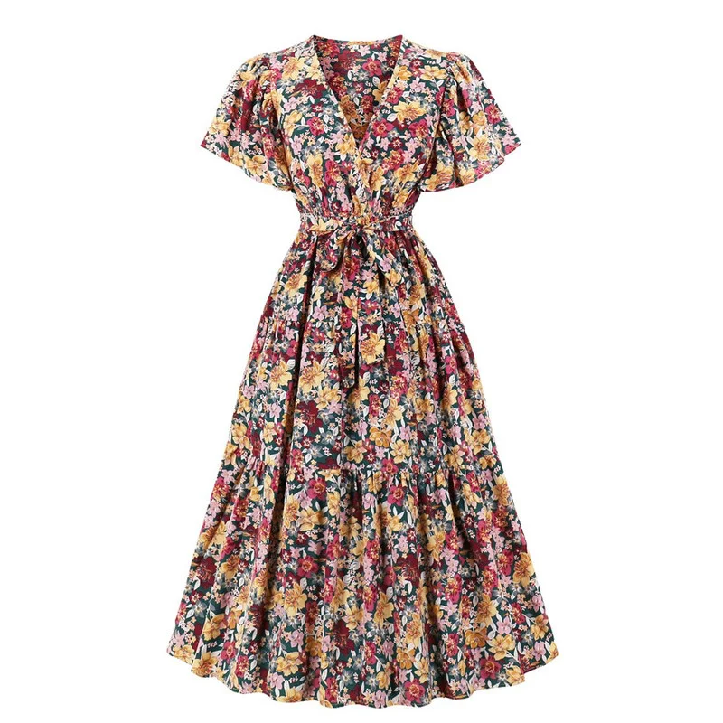 

Women Casual V Neck Floral Printed Dress Ladies Holiday Travel Beach Sundress
