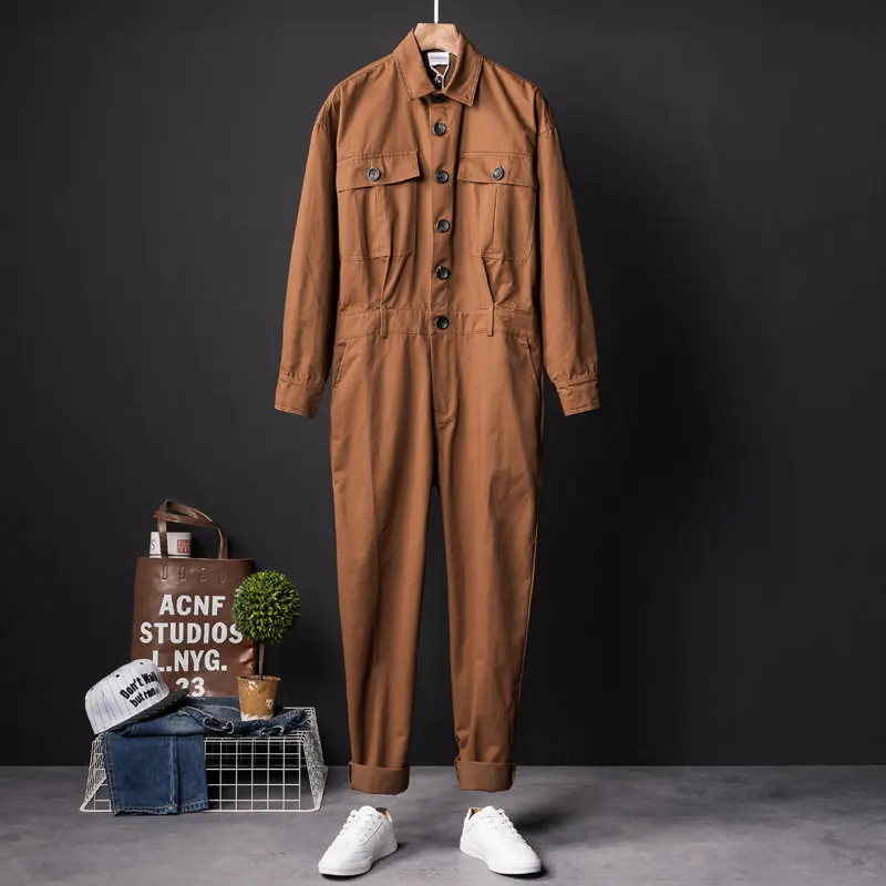 Khaki Модный цельнокройный комбинезон, мужские комбинезоны с длинными рукавами, повседневные винтажные мужские штаны брюки, одежда на весну и осень, большие размеры - Color: Khaki