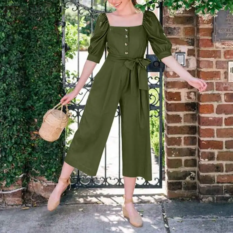 

ZANZEA Loose Wide Leg Overall 2021 Summer Button Solid Playsuit Casual Puff Sleeve Romper Fashion Women Long Jumpsuits