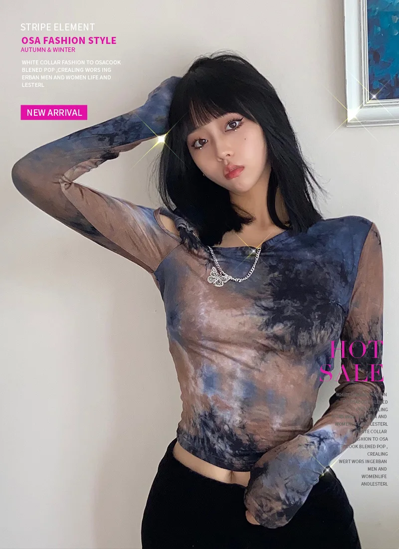 

Gagaopt Homemade New Twist Diagonal Collar Bottoming Long Sleeve T-shirt Women's Butterfly Lanyard Tie-Dyed Slim-Fit Short Top