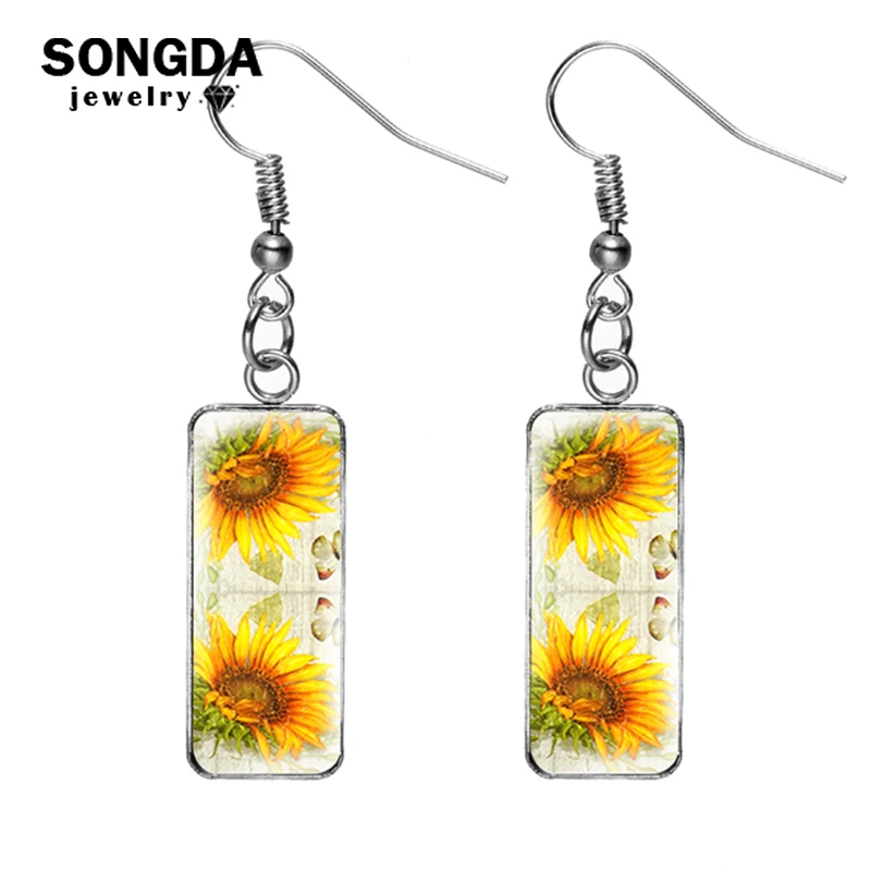 

Серьги в виде подсолнуха для женщин и девочек, модные Прямоугольные Стеклянные Серьги с рисунком рыбьего крючка, элегантные уникальные гео...