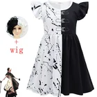 2021 Детский костюм Cruella для девочек косплей-костюм злой королевы детская фантазия одежда на Хэллоуин парик маскарадное платье на день рождения