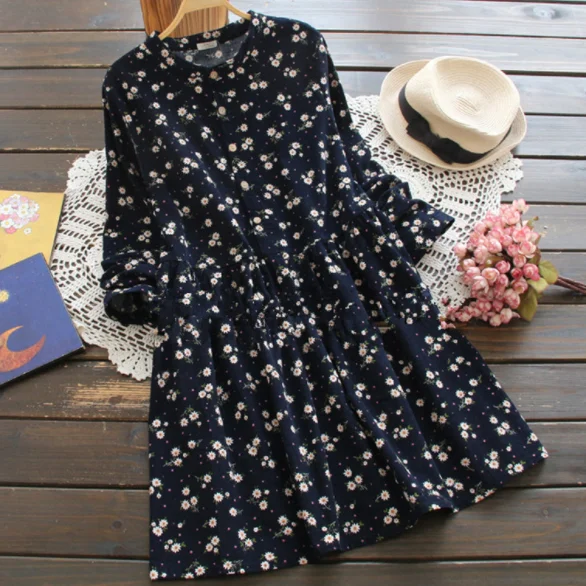 2020 вельветовое винтажное платье с цветочным принтом длинный рукав осень-весна