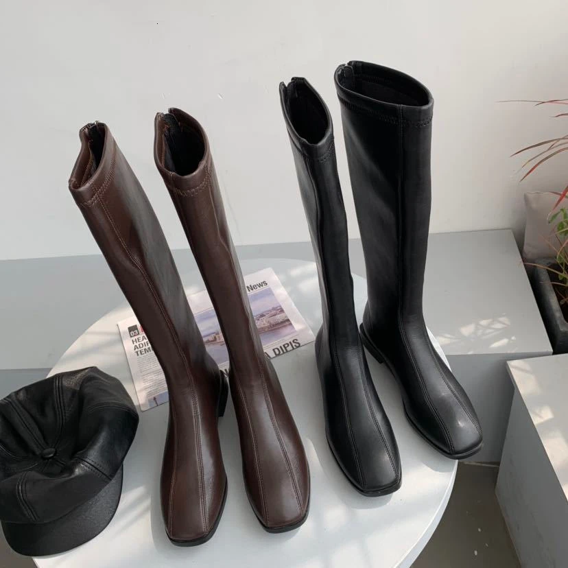 Зимние сапоги до колена из флиса женские ботфорты искусственной кожи цвет черный