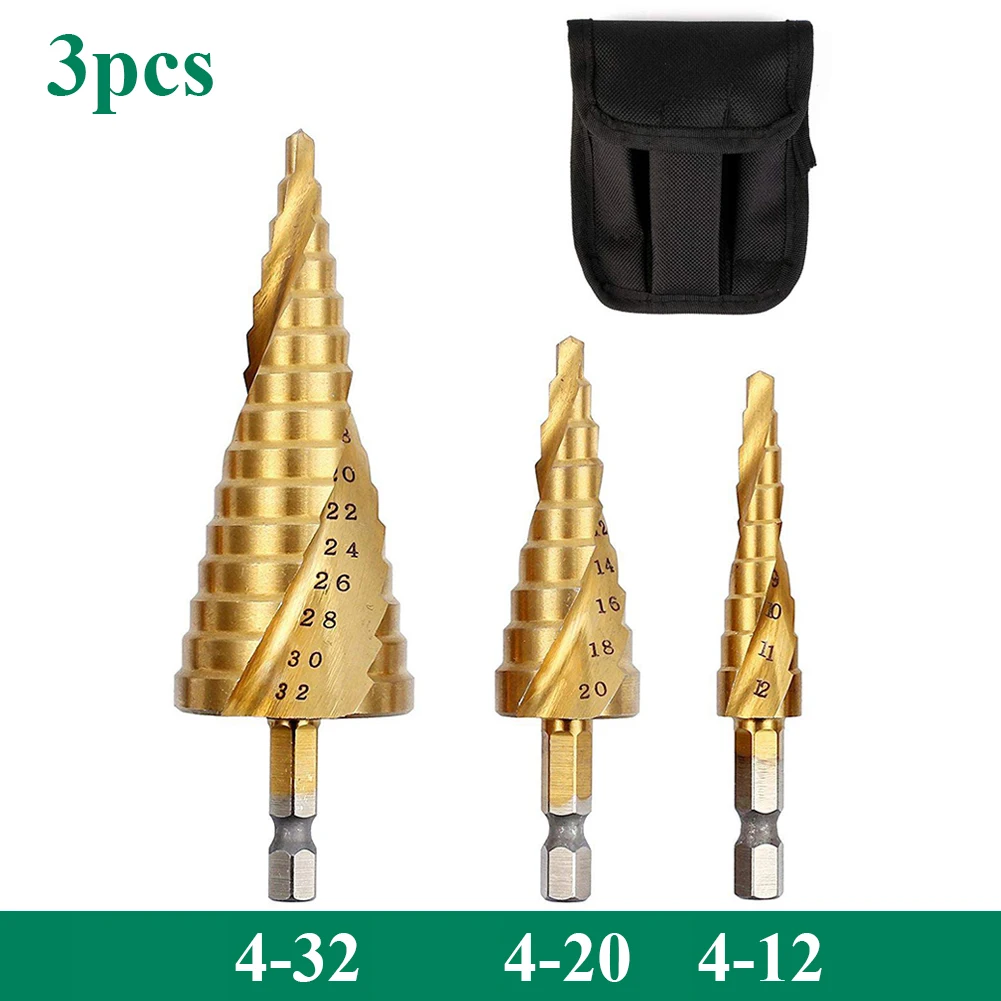 

3Pcs 4-12/20/32mm HSS Step Cone Drill Bit Titanium Coated Bit for Wood Metal Drilling Spiral Grooved Cone Hole Cutter