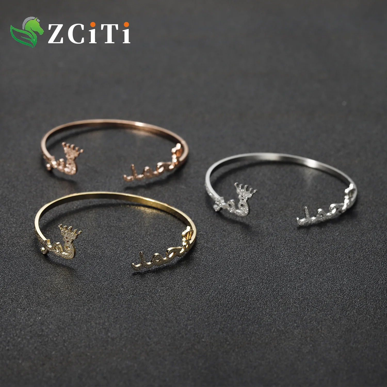 Personalized Light Plated Frosted Crown Arabic Name Bangles & Custom Name Bracelet for Women Party Stainless Steel Jewelry Gift