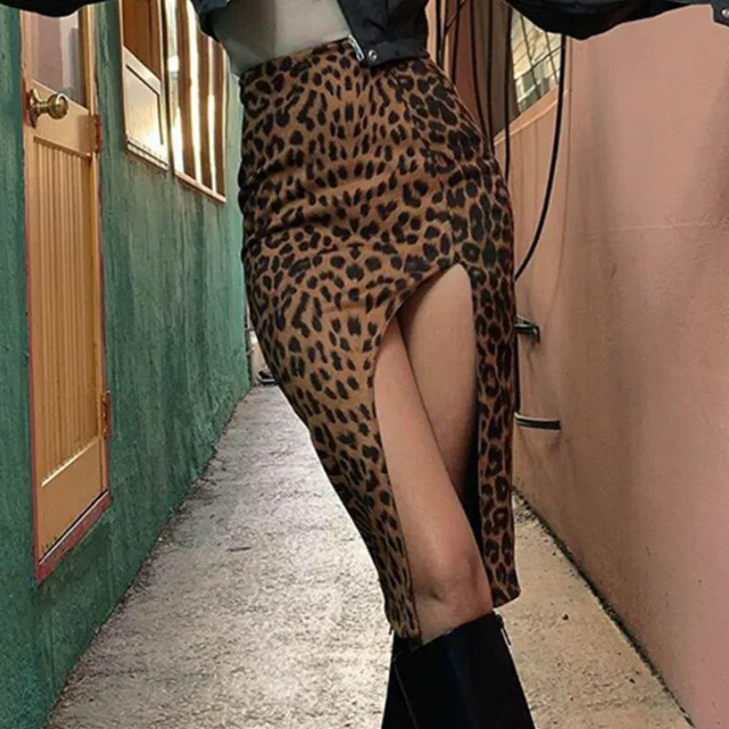 

Пикантные ботильоны с леопардовым принтом и юбки для женщин с высокой талией модные Разделение обтягивающая одежда юбка-карандаш женские у...