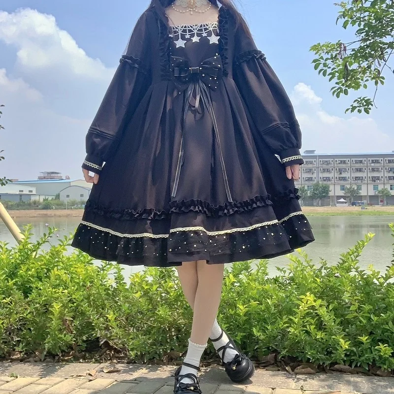

Japanese Sweety Soft Girly Lolita Ball Gown Dress Square Collar Bow Cute Puff Sleeve Vintage Star Ruffle Lace A-Line Black Dress