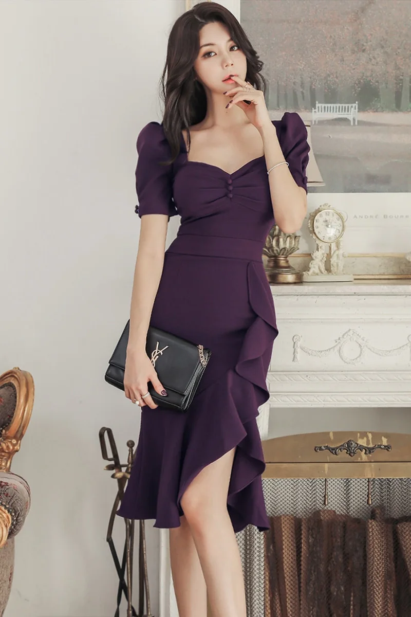 

Autumn and winter new 2020 Korean fashion goddess fan V-neck slim retro irregular ruffled split dress