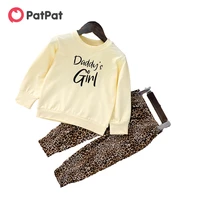 patpat 2020 new arrival autumn and spring 2 piece baby toddler girl letter solid long sleeve top and leopard print pants sets