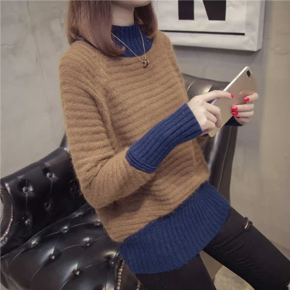 

Women 2021 Autumn Winter New Long-sleeved Sweater Tops Female Pullover Loose Jumpers Ladies Patchwork Warm Knitted Tops P293