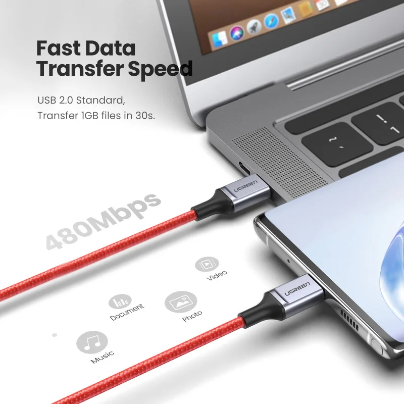 Кабель зарядный Ugreen USB C для Samsung S10 9 Xiaomi быстрая зарядка 4 0 PD 60 Вт кабель Type Macbook