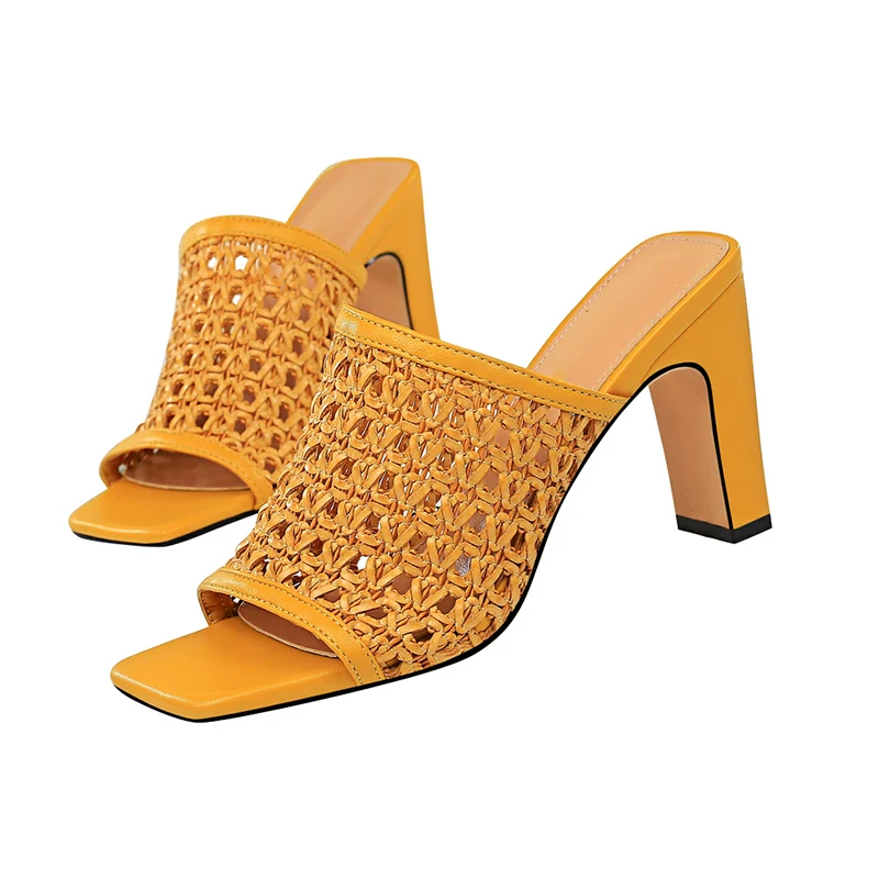 2020 женские мюли желтые плетеные шлепанцы на блочном каблуке пикантные летние