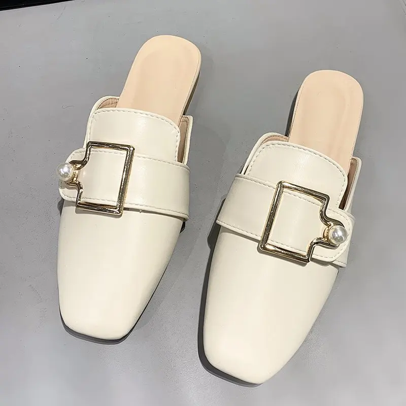 

British Style Women Metal Buckle Bead Pearl Mules Femme Plates Feminino Backless Half Slides Slip On Outdoor Flat Slippers Shoes