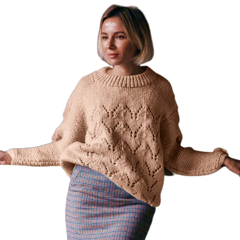 

Women Long Sleeve Hollow out Knitted Sweater Round Neck Warm Pullover Tunic Tops Autumn Winter Female Jumper Clothes
