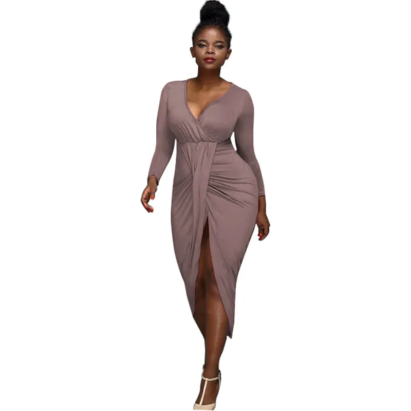 

New Fashion Sexy Party Dress Women Slim Fit Bodycon Solid Color Split Vestidos Mid-calf High Waist African Clothing Mujer 2020