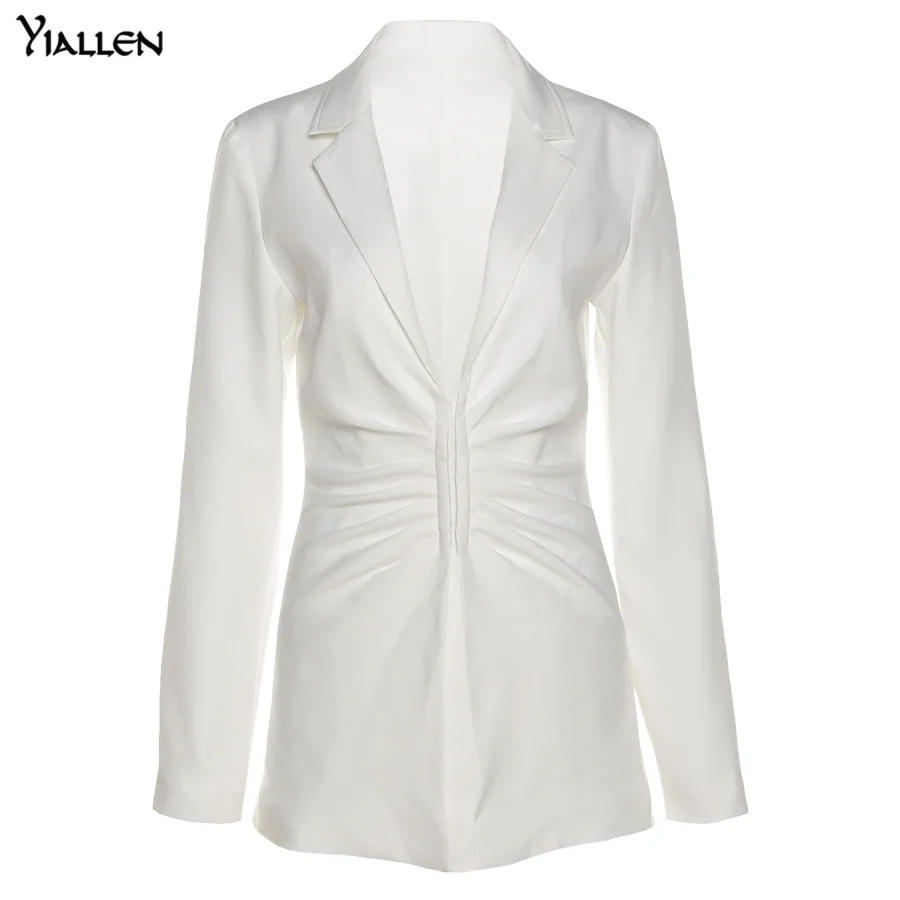 

Yiallen Autumn New Fashion Casual Simple Solid White Turn-down Collar Single Breasted Suit For Women's Office Long Coat Hot