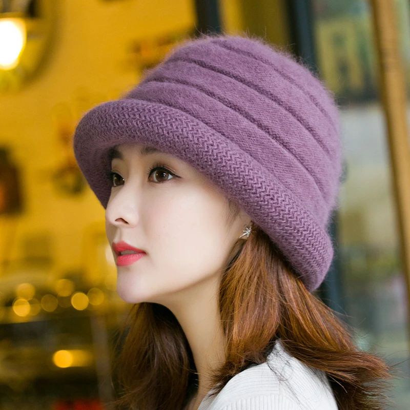H7718 Women Knitted Bucket Hat Lady Autumn Winter Thicker Warm Fisherman Basin Cap Middle Age Middle-aged Mother Elastic Hats