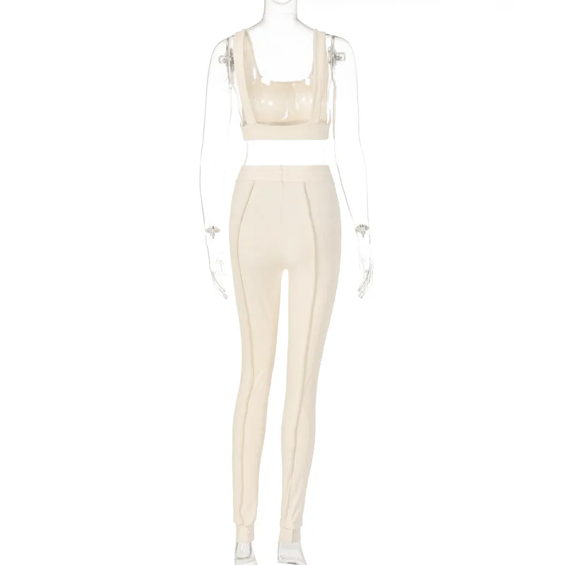 

WEPBEL Women's Sleeveless Square Collar Top + Elastic Waist Stitching Pencil Pants Suit Autumn Sexy Solid Color Yoga Sports Suit