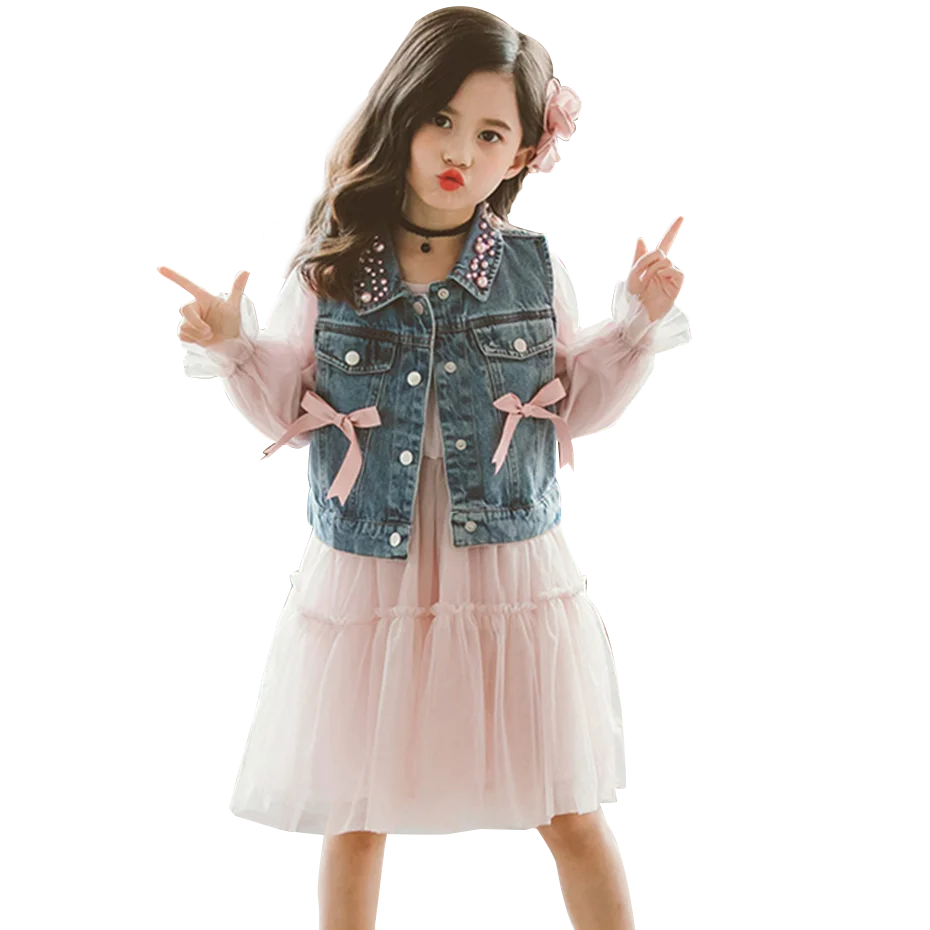 Одежда для девочек жилет + Сетчатое платье спортивные костюмы с украшением из