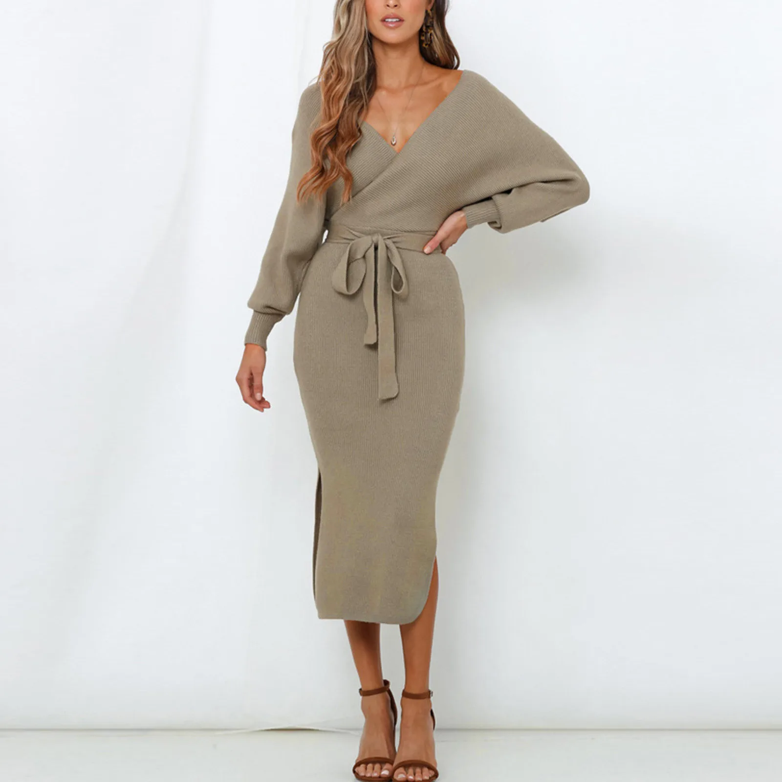 

2021 Autumn New Women's Dress Sexy Solid Color V-Neck Long Skirt Long Sleeve Strap Exposed Backpack Hip Dress