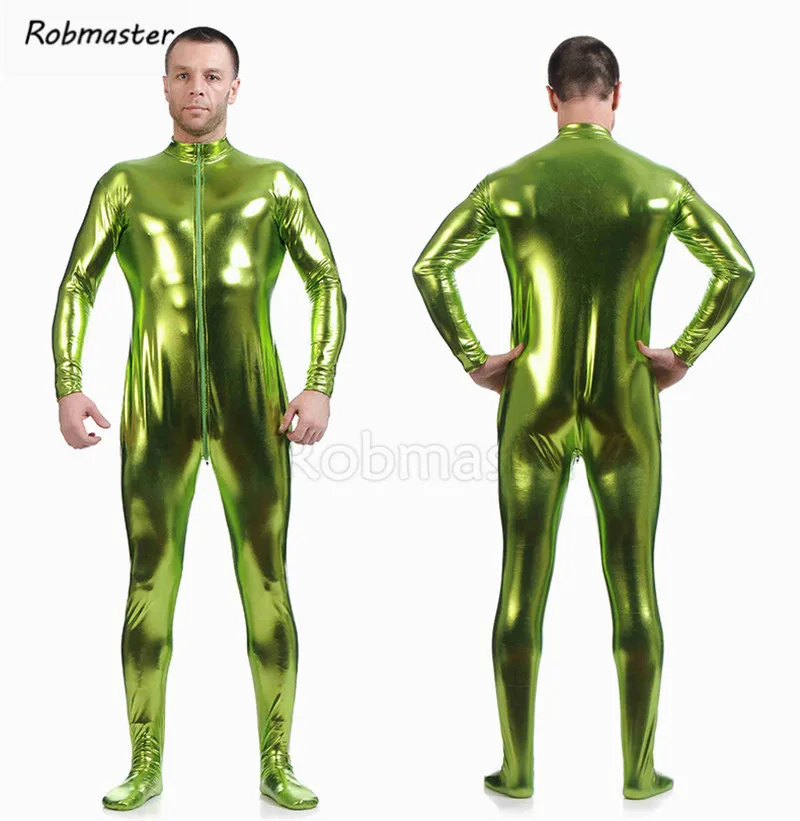 Мужской латексный костюм черные блестящие металлические колготки золотистый