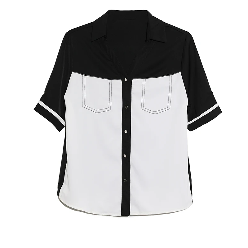 

Vintage Single Breasted Women Blouse 2021 Summer Patchwork Short Sleeve Women Shirts V Neck Plus Size Female Clothing 14249