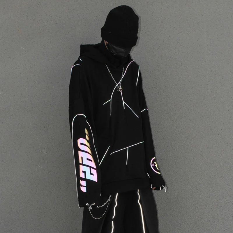 

Полосатые Светоотражающие толстовки и свитшоты в стиле Харадзюку, Мужская Уличная одежда, хлопковый пуловер, свободная толстовка, черный ц...