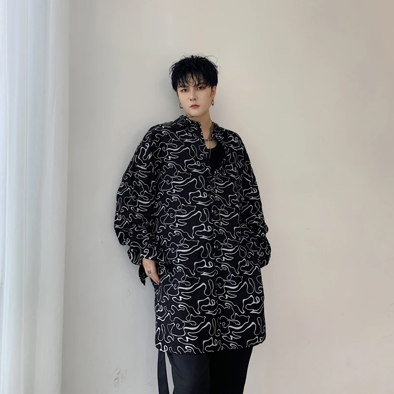 Men Shirt New Long Sleeve Loose Casual Pattern Print Male Streetwear Hip Hop Dress Stage Show Costumes | Мужская одежда