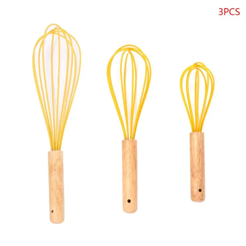 

3pcs/set Multifunctional Silicone Egg Beater Frother Mixer Whisk Wooden Handle Manual Frothing Stirring Kitchen Tool