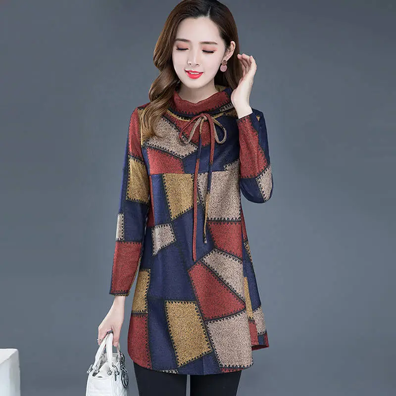 

Tunic Women Long sleeve Plus size Tops Vintage Blouse Turtleneck Plaid Autumn Winter Warm Shirt Clothes Ladies Casual