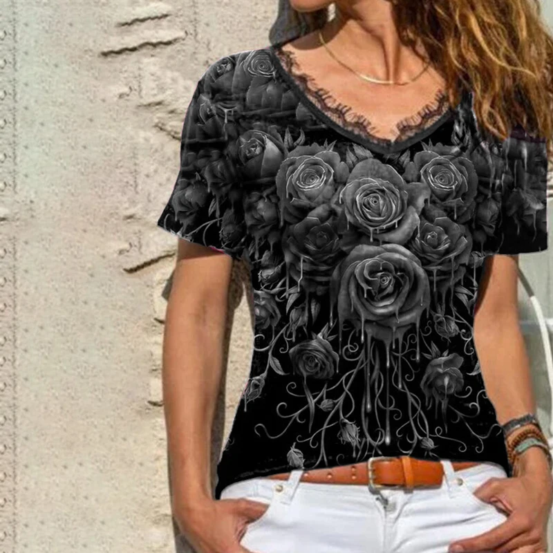 

Women Casual Loose Summer Short Sleeve Tops Vintage Floral Harajuku Printed Blouse Shirts Elegant V-Neck Female Blusa Streetwear