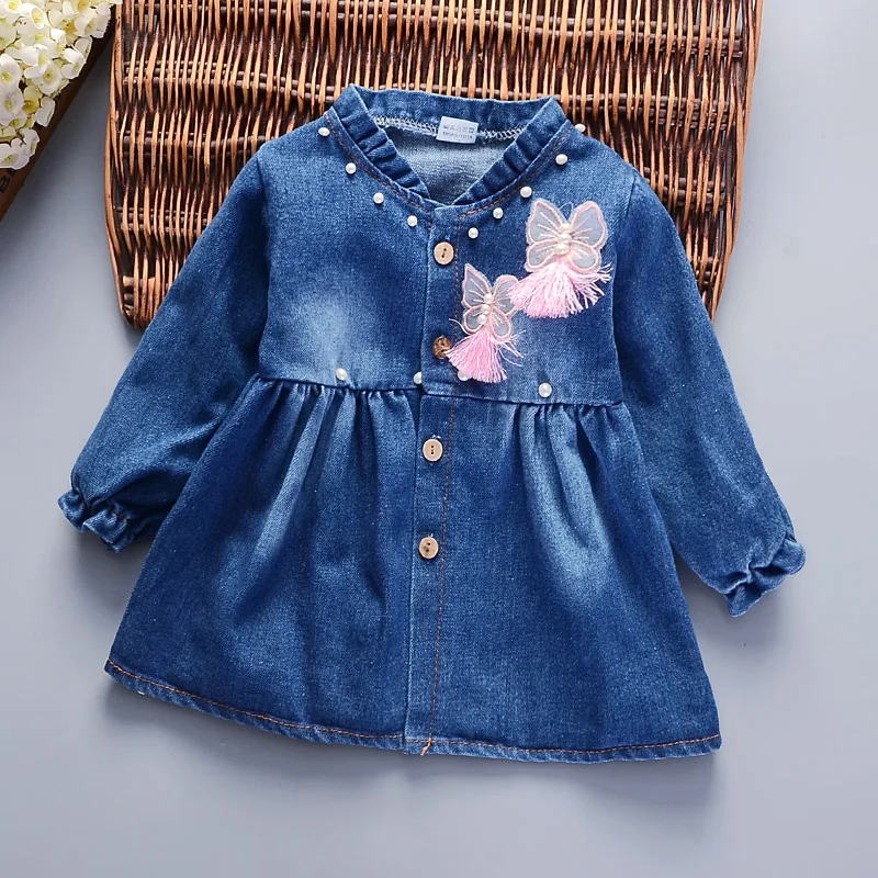 

Kids Girls Denim Dress spring autumn Baby Soft Cotton Dresses Girls Long-sleeve Flower-embroidery Dresses Kids Dress
