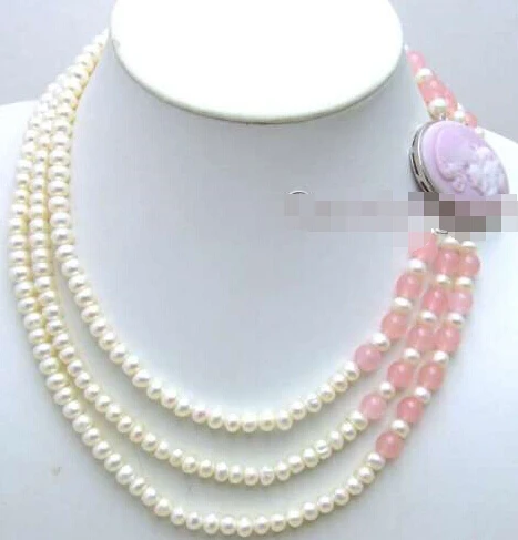 + 01667 6-7 мм белый натуральный FW плоский жемчуг 3 нити neckalce розовый красота застежка