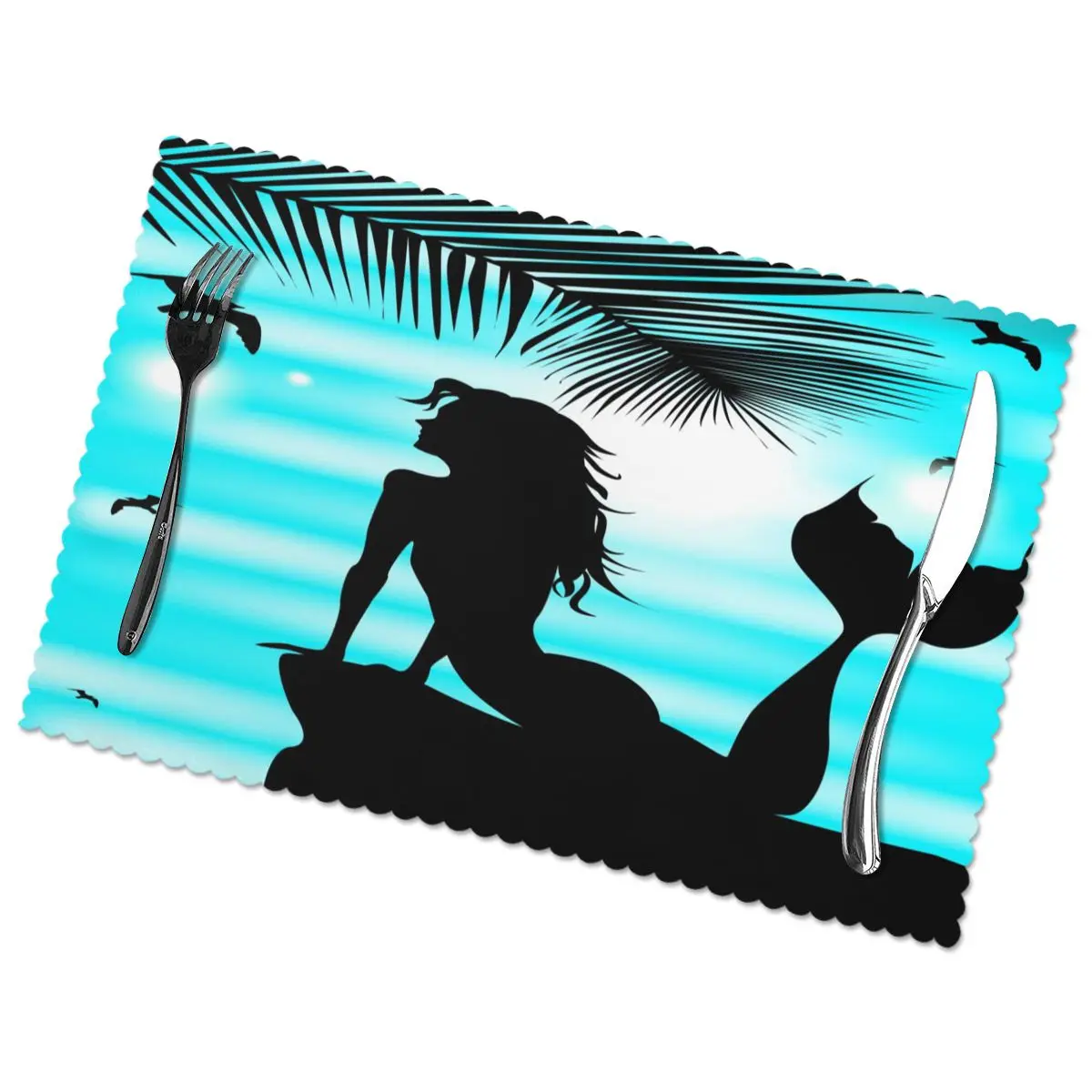 

6 PCS Placemat Beautiful Mermaid Blue Sky Summer Fabric Table Mats Tableware Kitchen Tool Table Mats