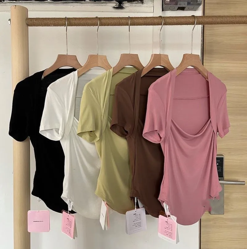 

Square Neck Short-sleeved T-shirt Women Summer 2022 New Style Exposed Clavicle Trendy Cool Sports Leisure Top Yoga Gym Clothes