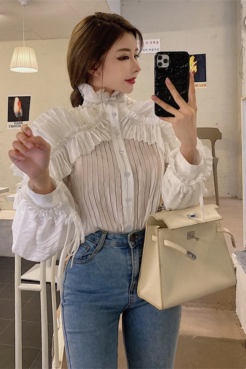 

2021 Spring and Autumn New Ruffled Long-Sleeved Shirt Women Court Style Slimming White Shirt Femme Top Blusas