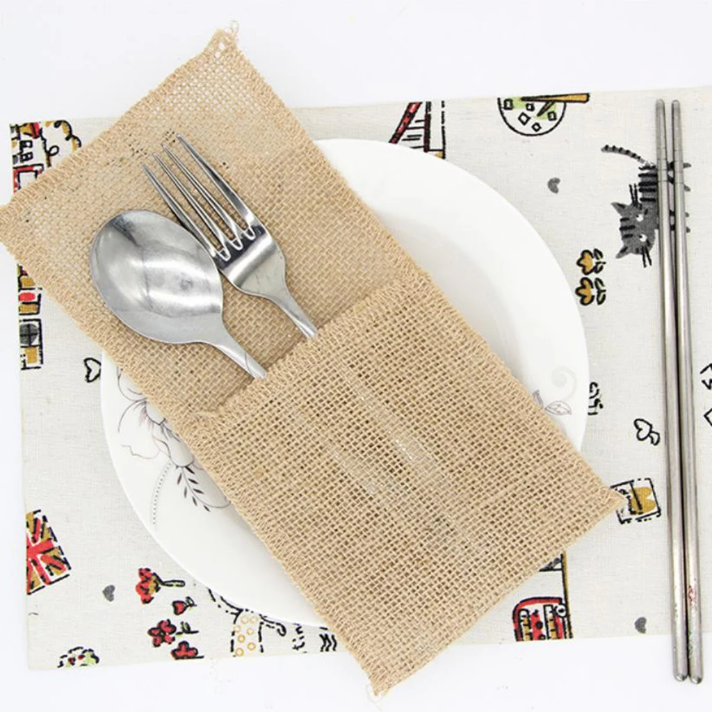 

6pcs Burlap Knifes Forks Holders Cutlery Pouch Bag Party Tableware Favor
