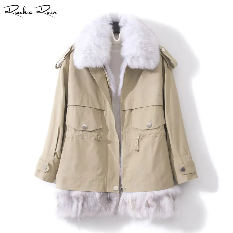Настоящая меховая парка пальто для женщин натуральный Лисий мех воротник Рекс