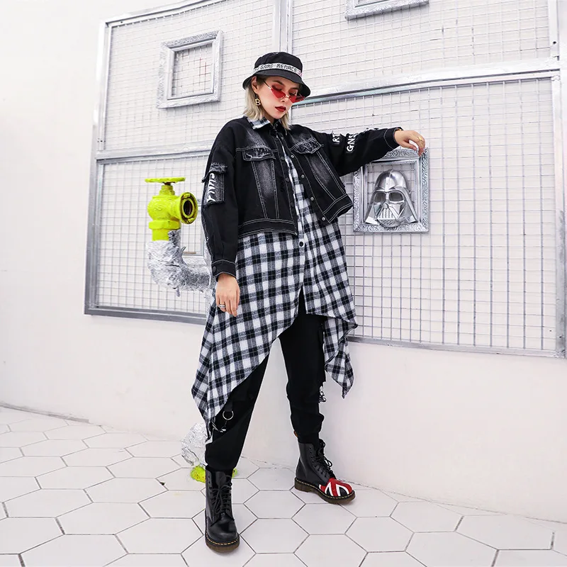 

Faux Two Piece Jeans Blouse Fashion Streetwear Long Sleeve Plaid Patchwork Denim Blouse Women Bluasa Stylish Shirt Tops LT559S30