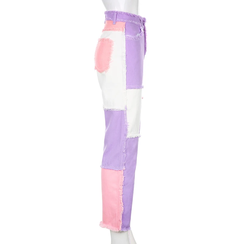 

2020 Contrast Color Distressed Jeans Pants Hip Hop Women Preppy Style Chic Streetwear Outfits High Waist Straight Denim Pants