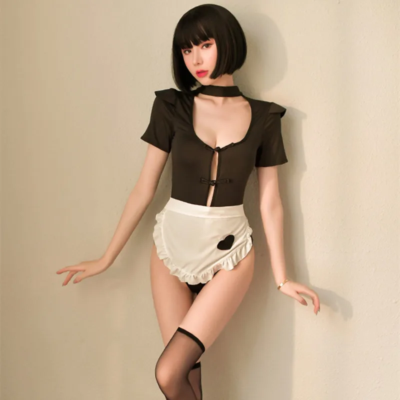 

Sexy Lingerie Concealed Button Open Crotch Free Take-Off Maid Uniform Retro Button Set Hollow Bundled One-Piece High Waist Suit