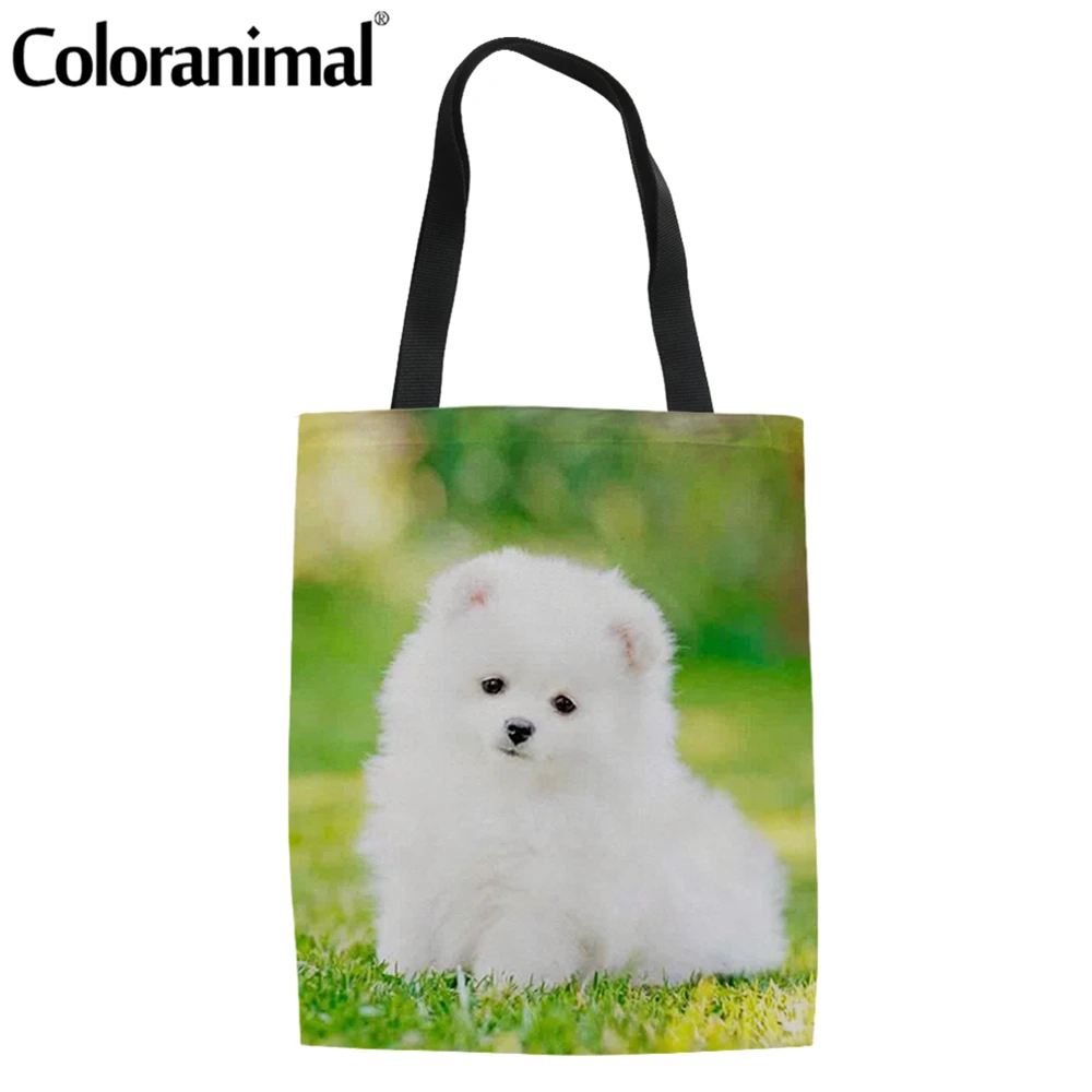 

Coloranimal 2021 New Style Canvas Shopper Bag Cute Pomeranian 3D Printed Linen Tote Bag for Women Foldable Shoulder Grocery Bag