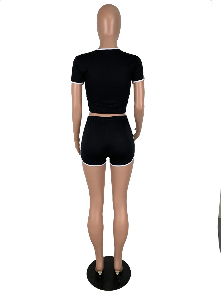 

Sexy turtleneck two-piece women black shorts set Casual short sleeve tracksuit Tight female Skinny suits summer sportwear suit