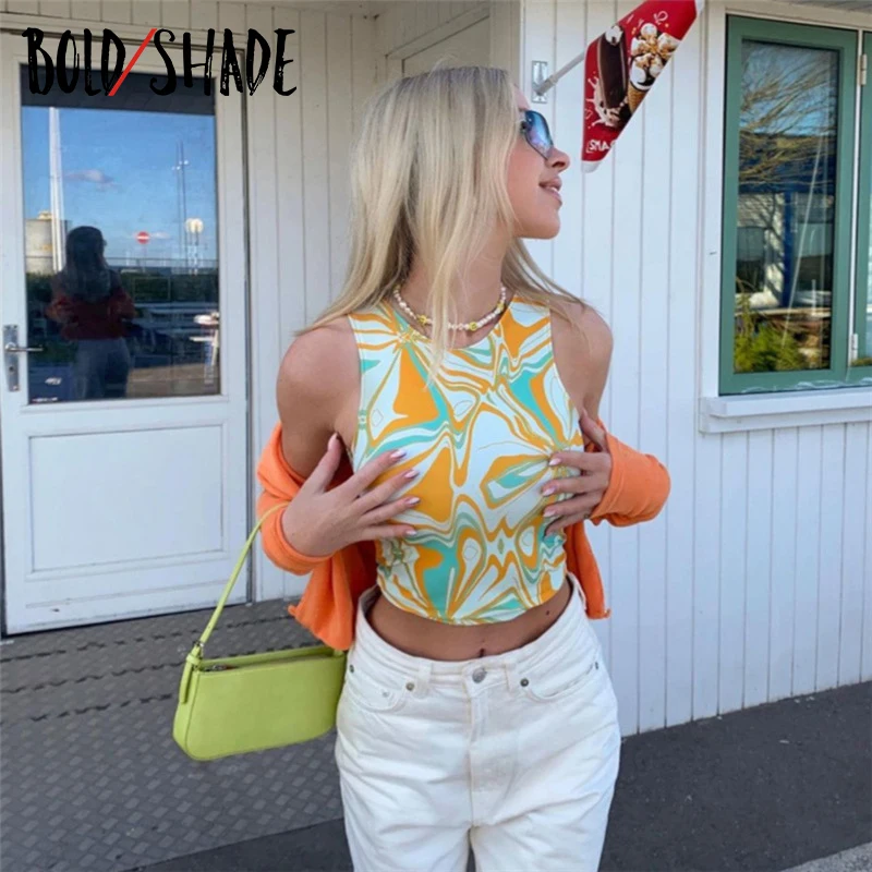 

Bold Shade Streetwear 90s Printed Tanks Colorblocking Sleeveless Summer Vests Aesthetic Fashion Women Bodycon Party Camisoles