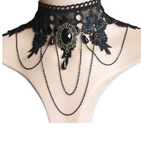 Новые Collares сексуальные Чокеры в готическом стиле кристально черное кружевное ожерелье, колье винтажное викторианское женское чокер стимпанк ювелирные изделия