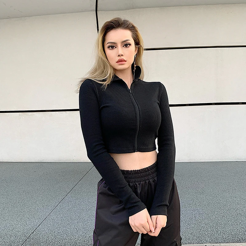 Rockmore Bodycon White Knitted Ribbed Zipper Women T-Shirt Streetwear Cotton Long Sleeve Femme T Shirts Crop Tops Tees Autumn