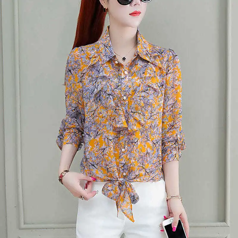 Floral Chiffon Blouse Women's 2021 New Spring Autumn Plus Size Turn-down Collar Blouse Shirt Long Sleeve Ruffled Top